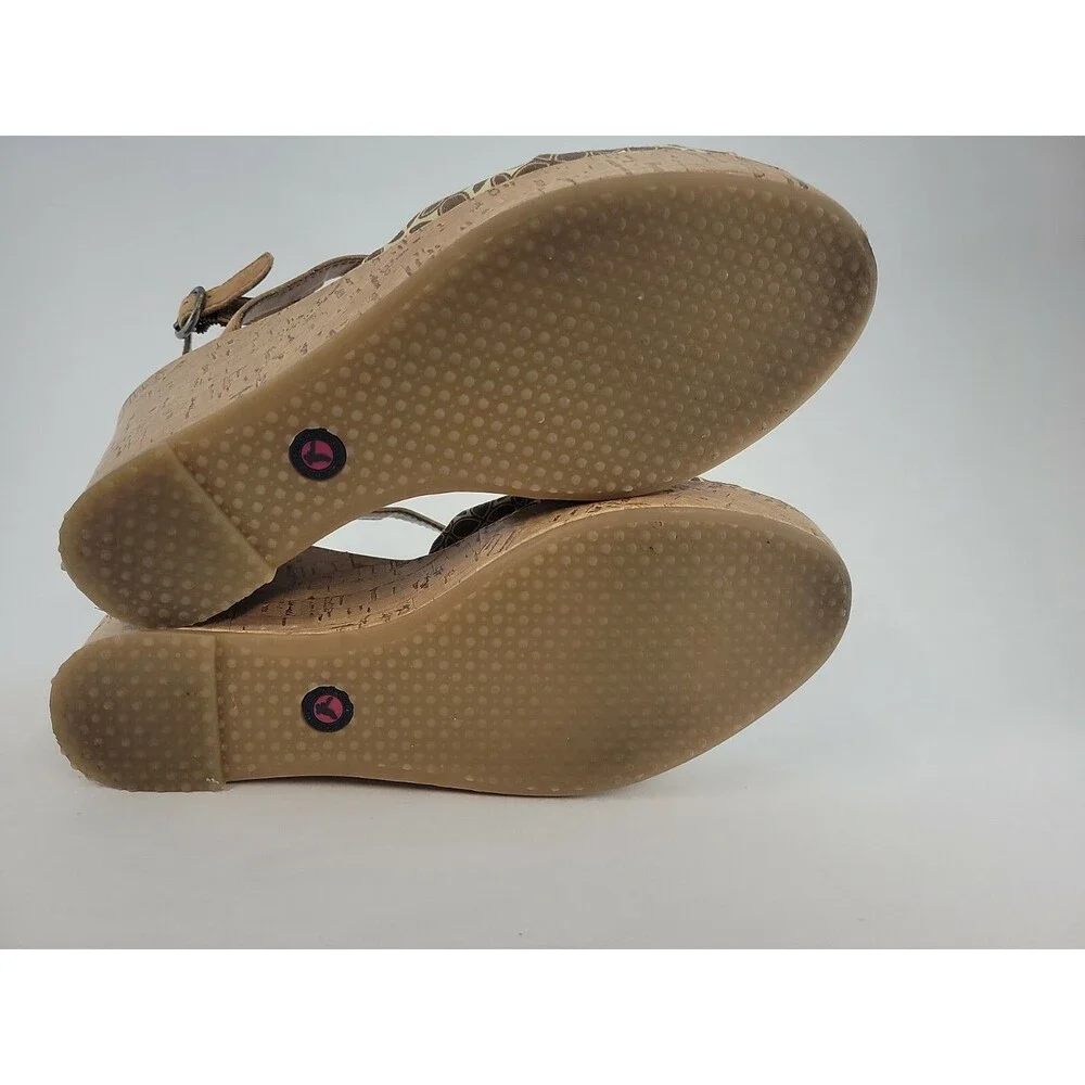 American Eagle Women's T-Strap Wedge Sandals Size 9M Brown Floral Fabric Upper